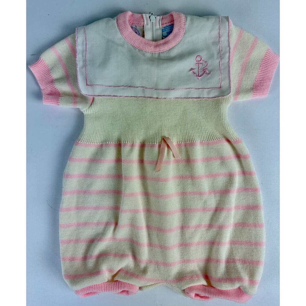 Vtg 90s Mine Alone Baby Girl Sailor Romper 6-9 Months Pink Cream Nautical Ruffle